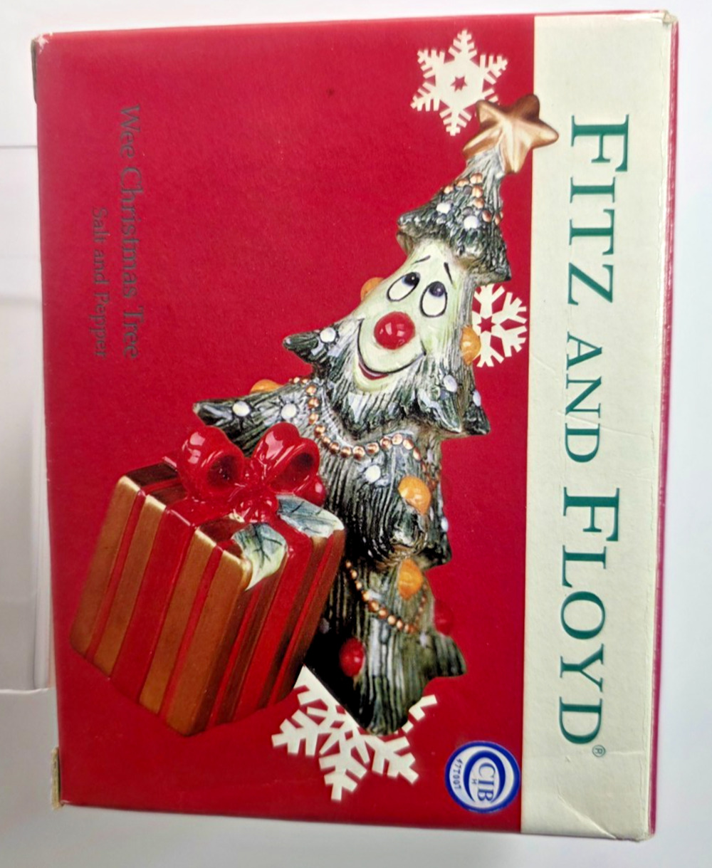 2002 Fitz and Floyd Wee Christmas Tree Salt and Pepper Set Present Ceramic Vtg